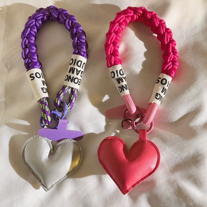 Leather Love Heart Woven Lanyard for Any Phone Case Suitable for Bags Bike Car Keychain