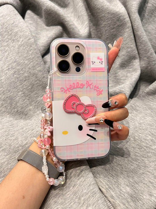 Coque de téléphone à carreaux mignon kawaii avec chaton à moitié visage