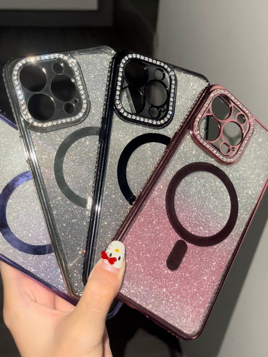 Shimmering Glitter MagSafe Clear Phone Case With Built-in Rhinestone Lens Protector