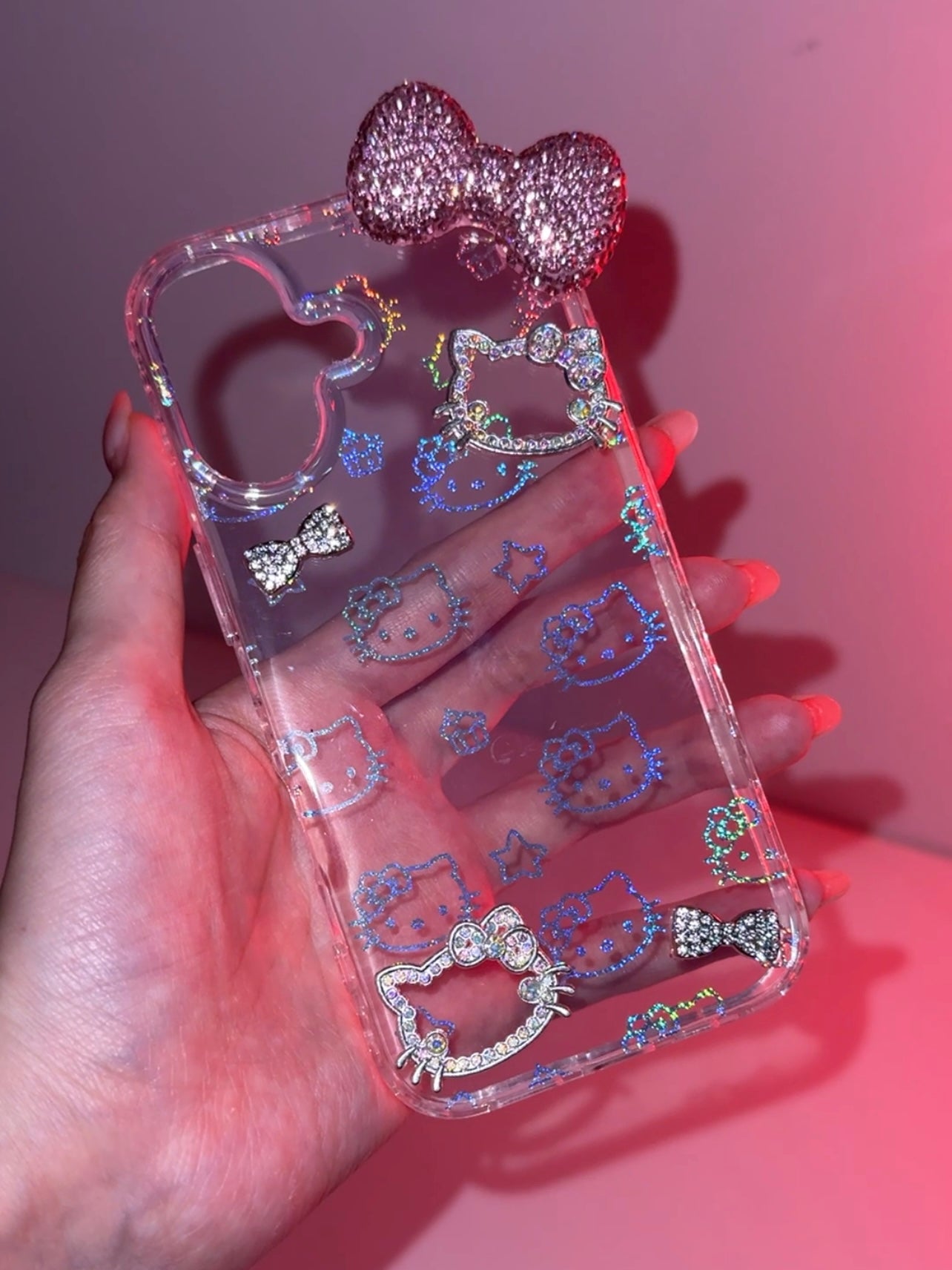 Coque de téléphone transparente à paillettes et strass Kitty faite main, mignonne et kawaii