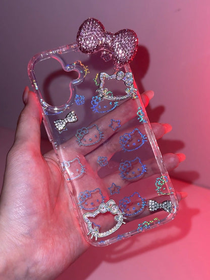 Coque de téléphone transparente à paillettes et strass Kitty faite main, mignonne et kawaii
