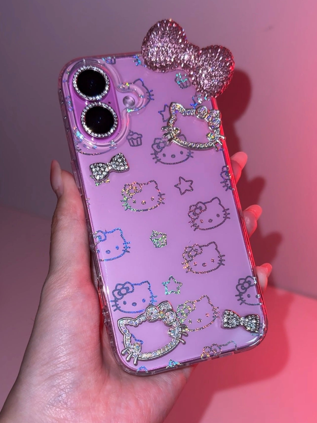 Coque de téléphone transparente à paillettes et strass Kitty faite main, mignonne et kawaii
