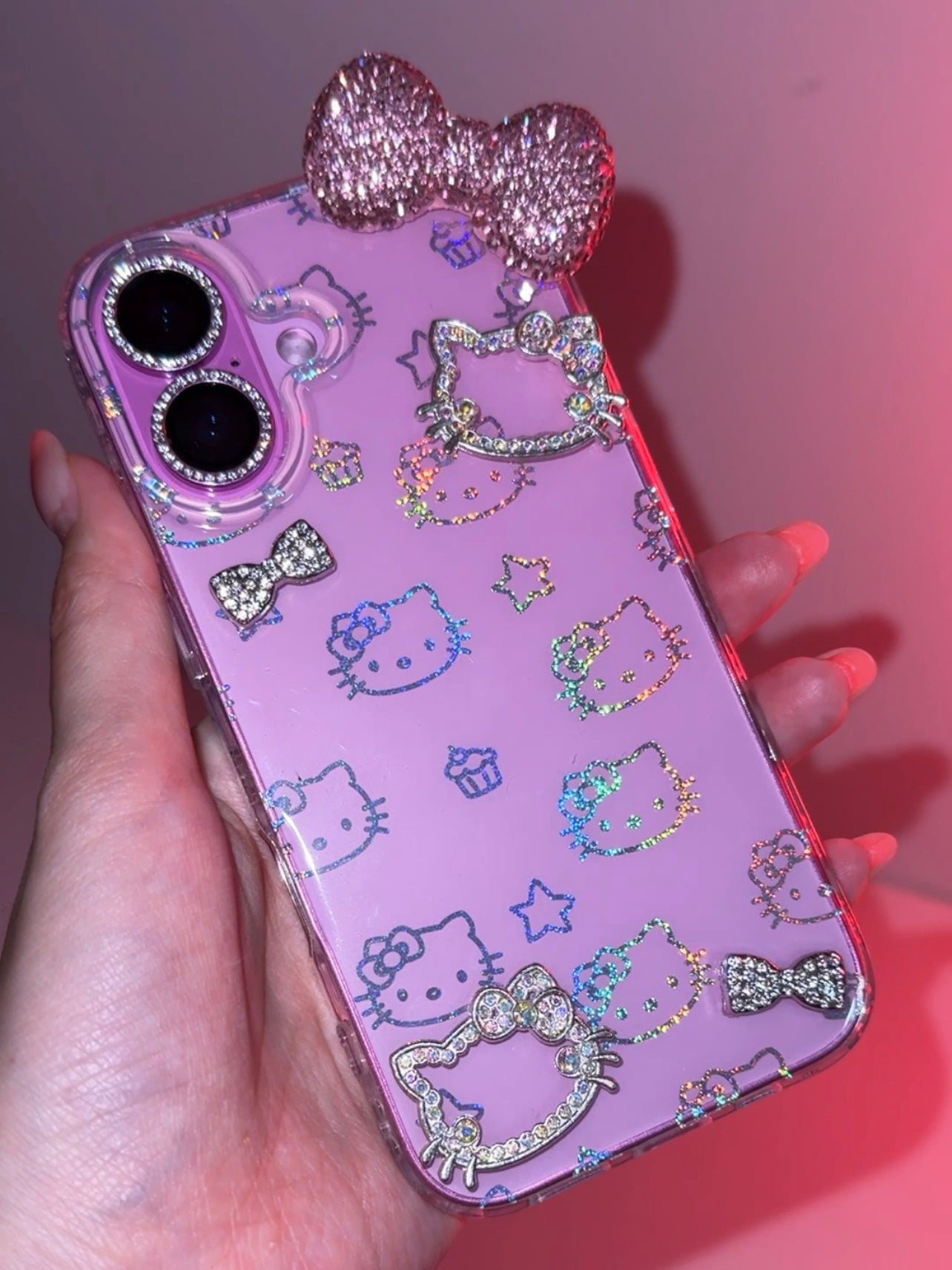 Coque de téléphone transparente à paillettes et strass Kitty faite main, mignonne et kawaii