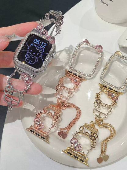 Kitty Shape Band for Apple Watch, Bling Diamond Jewelry Metal Strap Bands with Crystal Tempered Glass Screen Protector