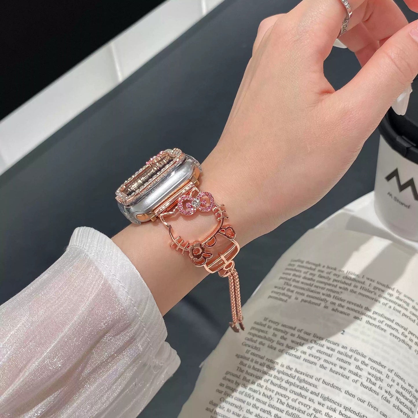 Kitty Shape Band for Apple Watch, Bling Diamond Jewelry Metal Strap Bands with Crystal Tempered Glass Screen Protector