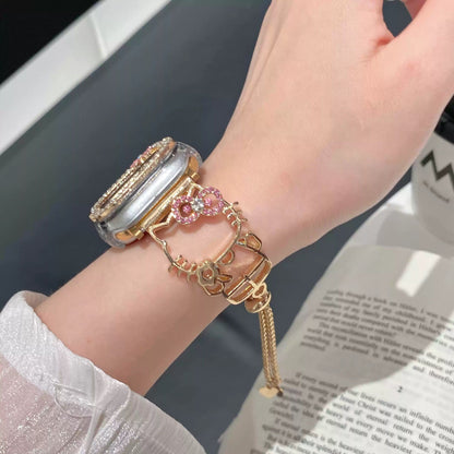 Kitty Shape Band for Apple Watch, Bling Diamond Jewelry Metal Strap Bands with Crystal Tempered Glass Screen Protector