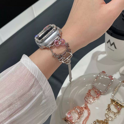 Kitty Shape Band for Apple Watch, Bling Diamond Jewelry Metal Strap Bands with Crystal Tempered Glass Screen Protector
