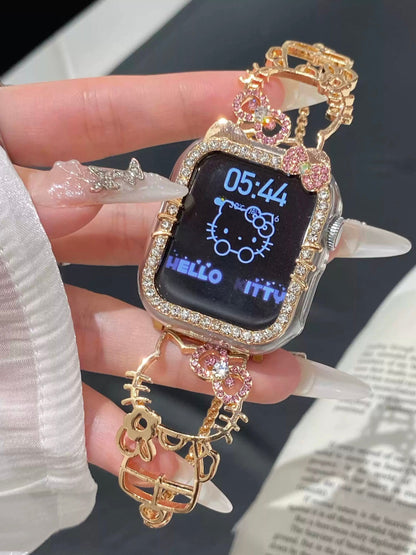 Kitty Shape Band for Apple Watch, Bling Diamond Jewelry Metal Strap Bands with Crystal Tempered Glass Screen Protector