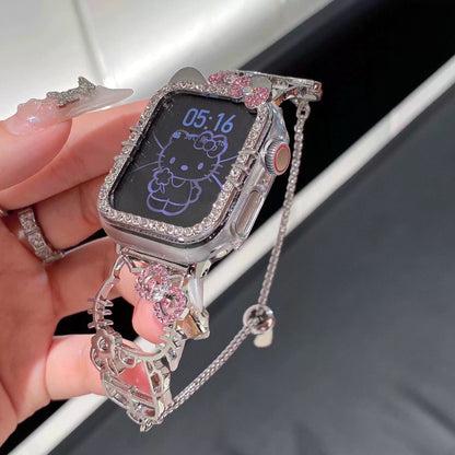 Kitty Shape Band for Apple Watch, Bling Diamond Jewelry Metal Strap Bands with Crystal Tempered Glass Screen Protector