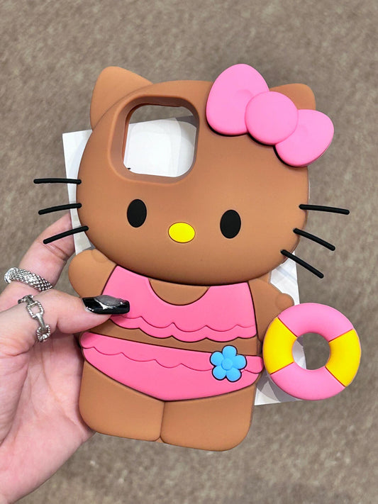 Coque de téléphone en silicone mignonne kawaii en forme de cercle avec chaton en bikini