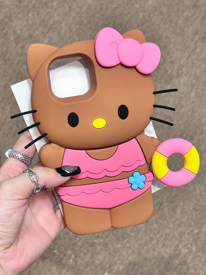 Coque de téléphone en silicone mignonne kawaii en forme de cercle avec chaton en bikini