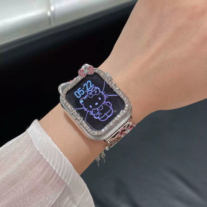 Kitty Shape Band for Apple Watch, Bling Diamond Jewelry Metal Strap Bands with Crystal Tempered Glass Screen Protector