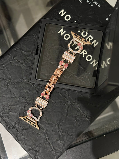 Bling Diamond Jewelry Metal Watch Strap Kitty Shape Bands with Crystal Tempered Glass Screen Protector Case for Apple Watches