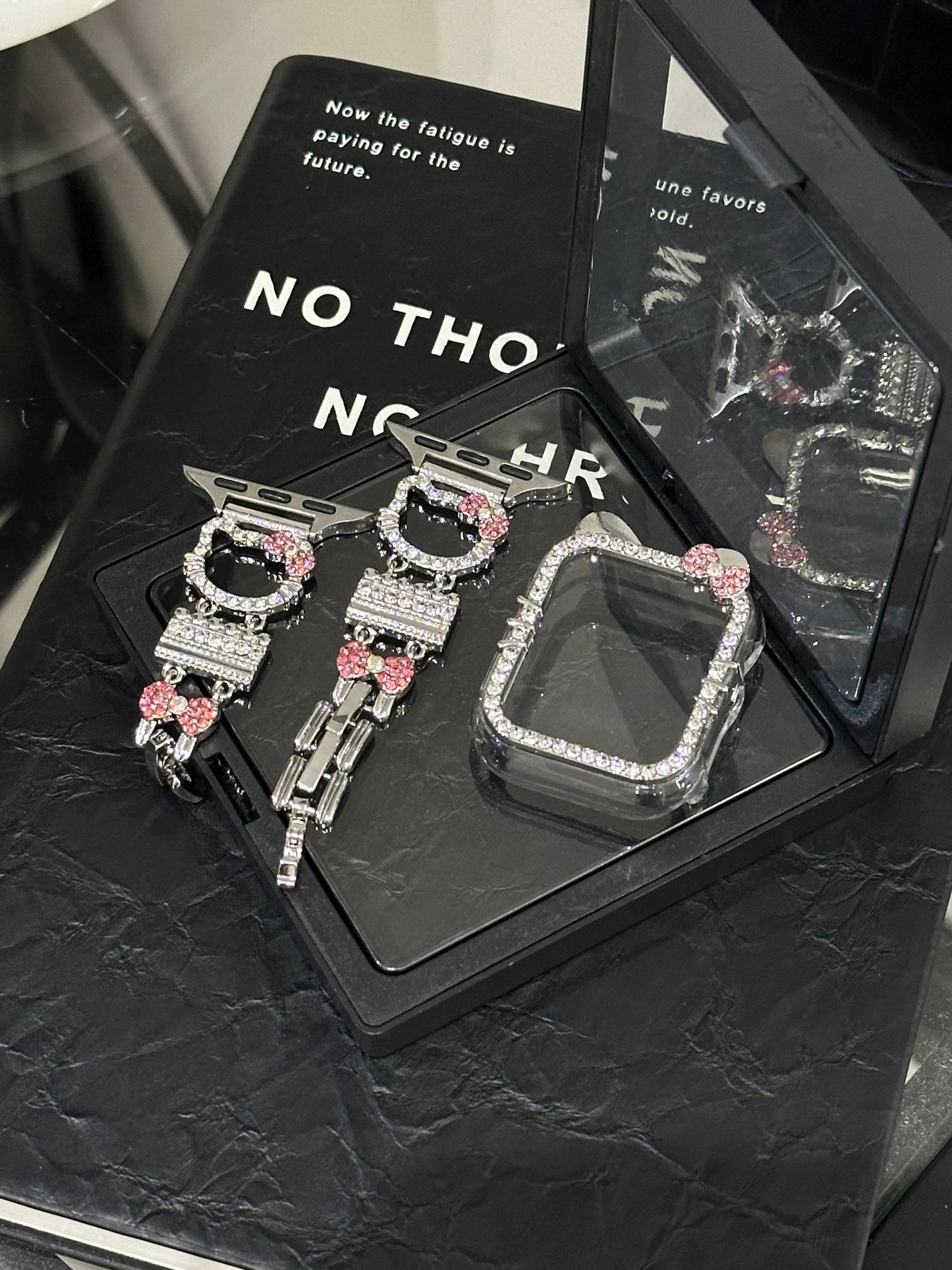 Bling Diamond Jewelry Metal Watch Strap Kitty Shape Bands with Crystal Tempered Glass Screen Protector Case for Apple Watches