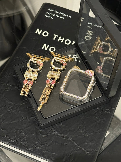 Bling Diamond Jewelry Metal Watch Strap Kitty Shape Bands with Crystal Tempered Glass Screen Protector Case for Apple Watches
