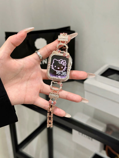 Bling Diamond Jewelry Metal Watch Strap Kitty Shape Bands with Crystal Tempered Glass Screen Protector Case for Apple Watches