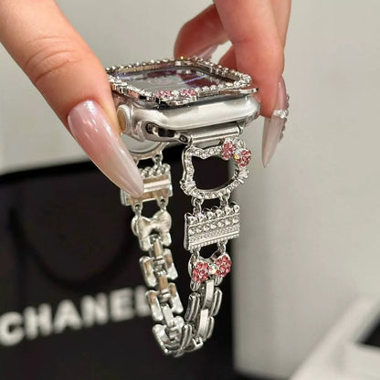 Bling Diamond Jewelry Metal Watch Strap Kitty Shape Bands with Crystal Tempered Glass Screen Protector Case for Apple Watches