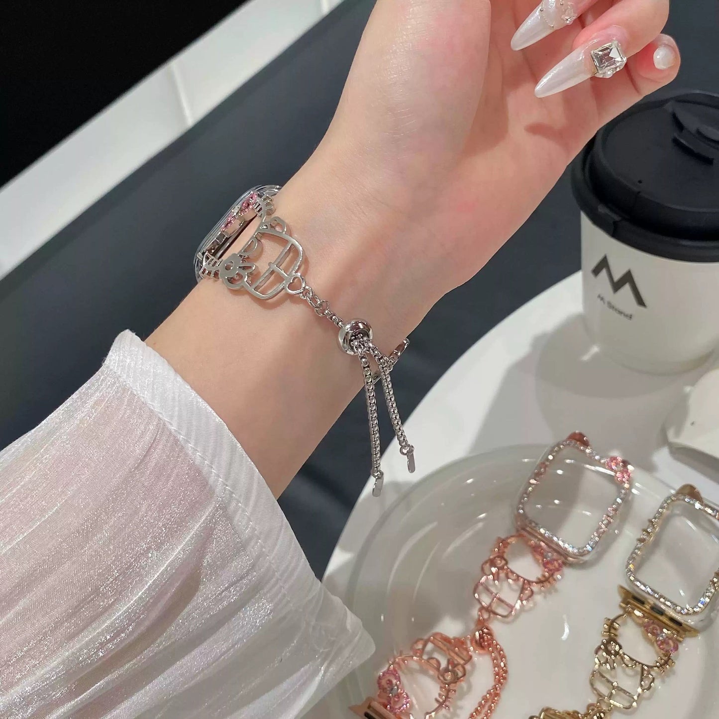 Kitty Shape Band for Apple Watch, Bling Diamond Jewelry Metal Strap Bands with Crystal Tempered Glass Screen Protector