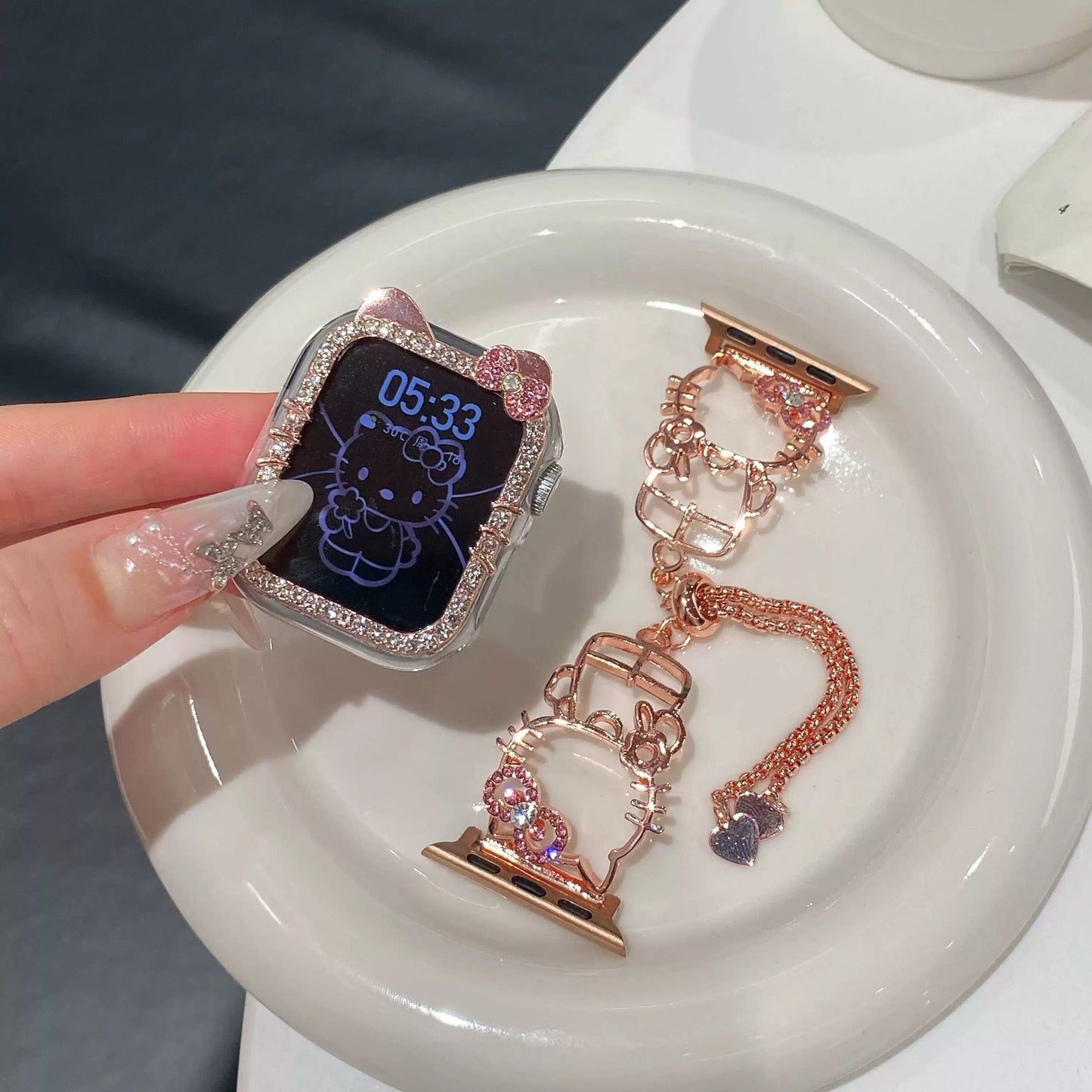 Kitty Shape Band for Apple Watch, Bling Diamond Jewelry Metal Strap Bands with Crystal Tempered Glass Screen Protector