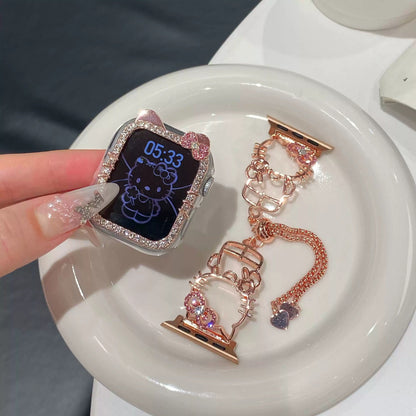 Kitty Shape Band for Apple Watch, Bling Diamond Jewelry Metal Strap Bands with Crystal Tempered Glass Screen Protector