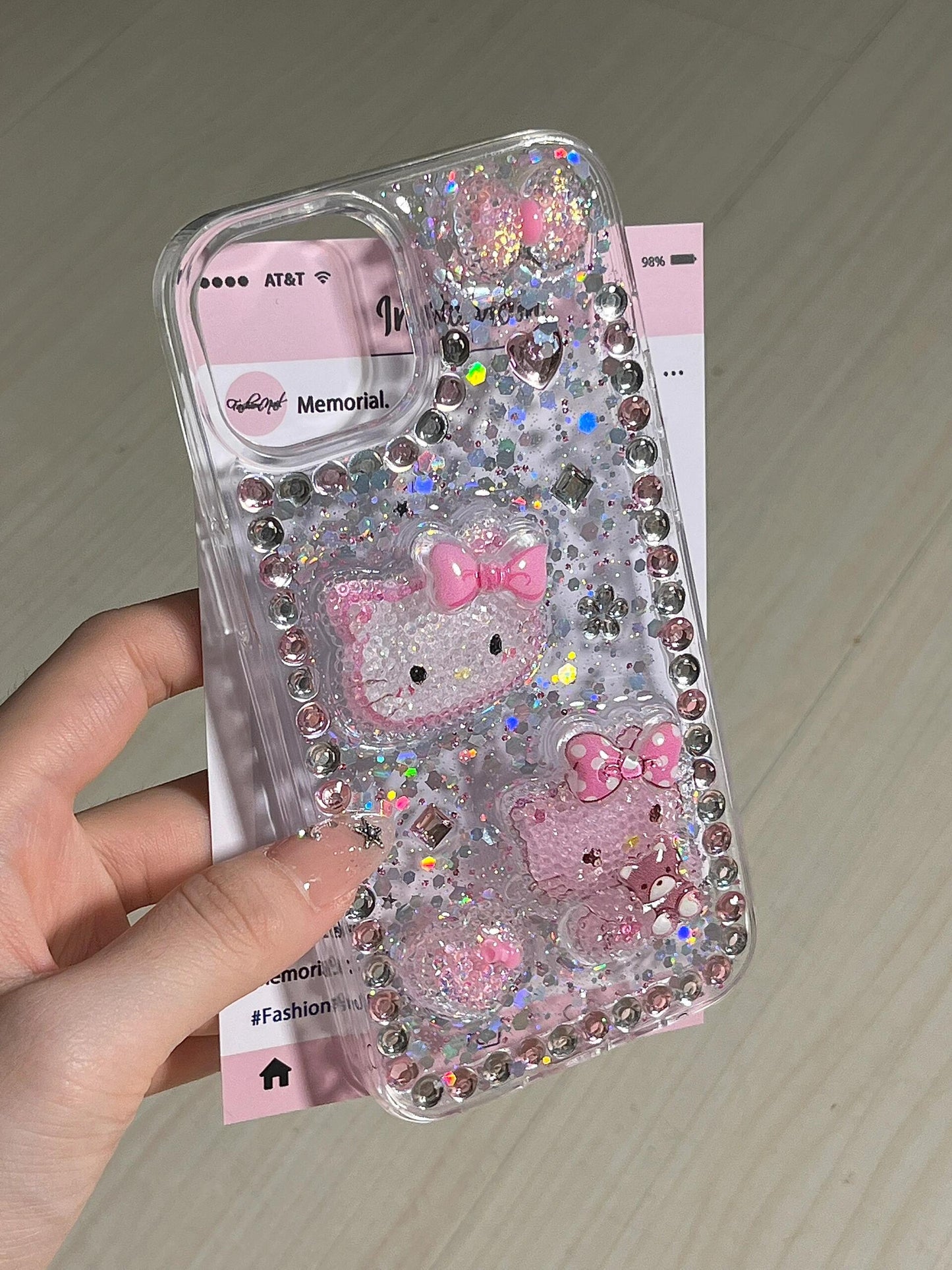 Coque de téléphone transparente à motif chaton 3D et strass, faite main.