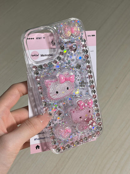 Coque de téléphone transparente à motif chaton 3D et strass, faite main.