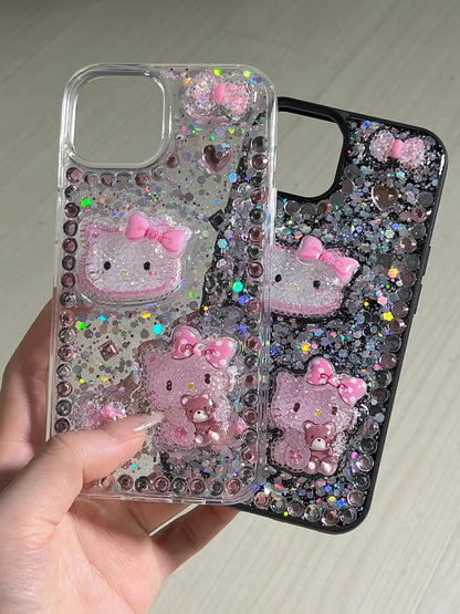 Coque de téléphone transparente à motif chaton 3D et strass, faite main.