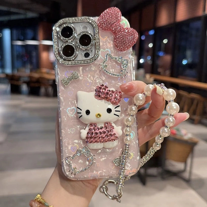 Cartoon Diamonds Pink 3D Kitty Phone Case For iPhone 17 16 15 14 13 12 11 Pro Max Bling Glitter TPU Clear Back Cover with Charm