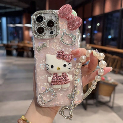 Cartoon Diamonds Pink 3D Kitty Phone Case For iPhone 17 16 15 14 13 12 11 Pro Max Bling Glitter TPU Clear Back Cover with Charm