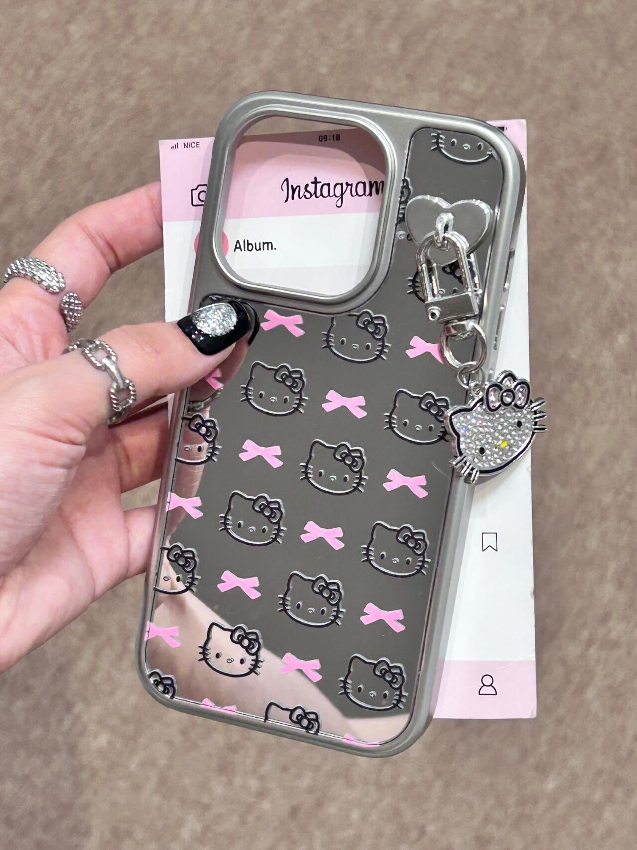 Étui de téléphone mignon kawaii avec nœud rose et chaton argenté