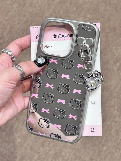 Étui de téléphone mignon kawaii avec nœud rose et chaton argenté