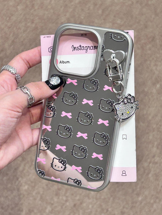 Étui de téléphone mignon kawaii avec nœud rose et chaton argenté