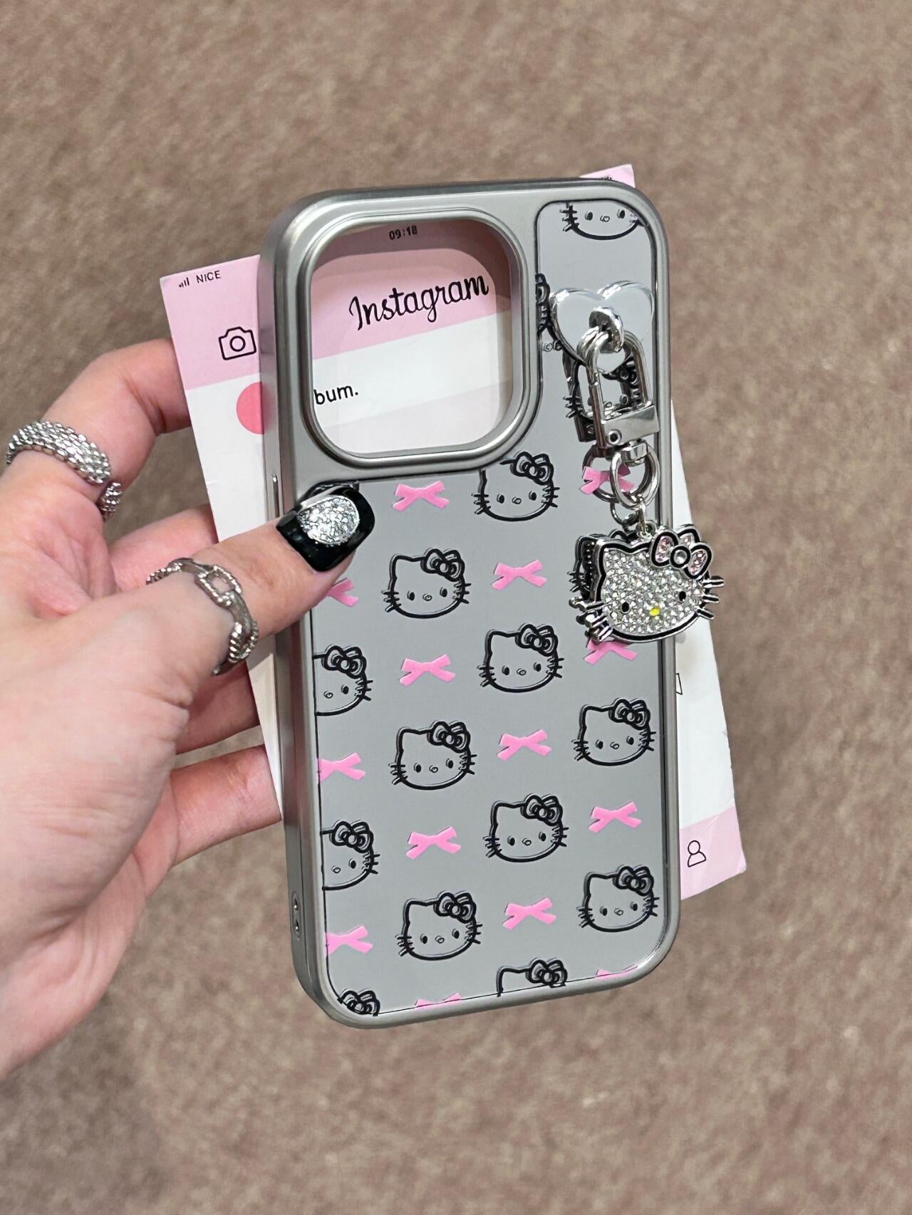 Étui de téléphone mignon kawaii avec nœud rose et chaton argenté