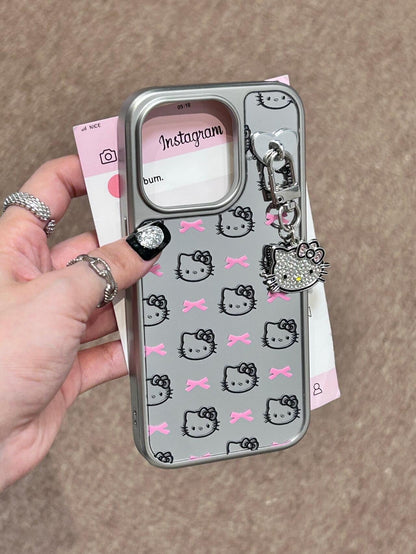 Étui de téléphone mignon kawaii avec nœud rose et chaton argenté