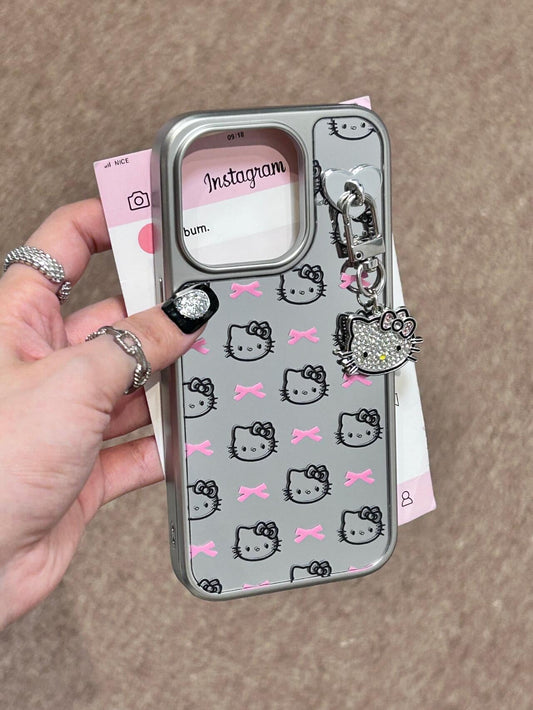 Étui de téléphone mignon kawaii avec nœud rose et chaton argenté