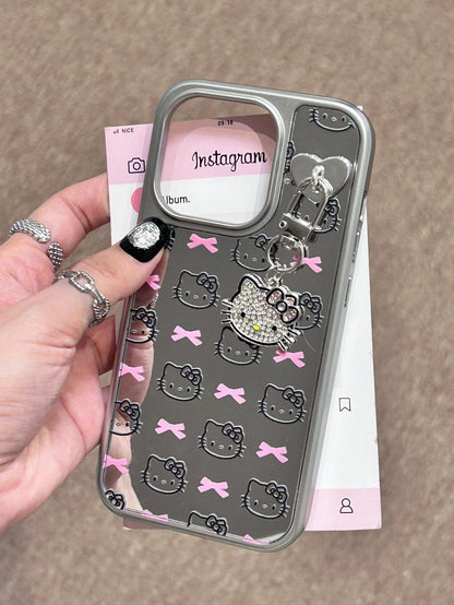 Étui de téléphone mignon kawaii avec nœud rose et chaton argenté