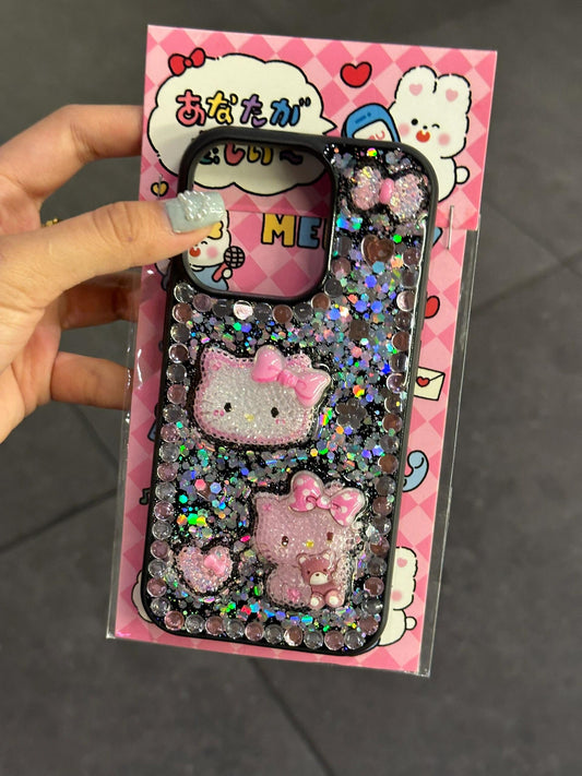 Kitty 3D Pattern Rhinestone Handmade Diamond Clear Phone Case For iPhone 16 Pro Max 15 14 13 12 Pro