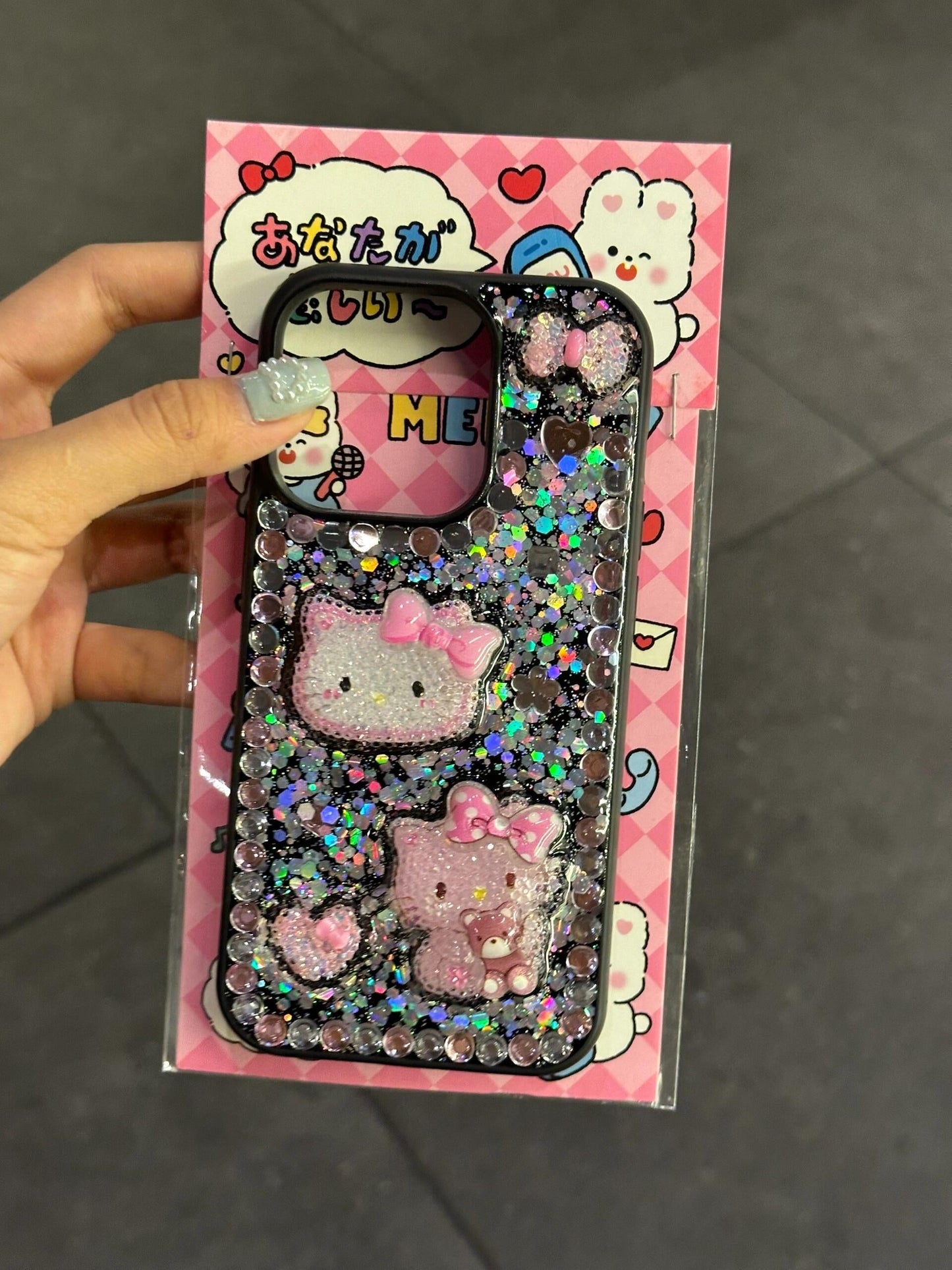 Coque de téléphone transparente à motif chaton 3D et strass, faite main.