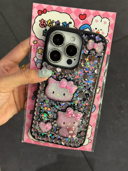 Coque de téléphone transparente à motif chaton 3D et strass, faite main.