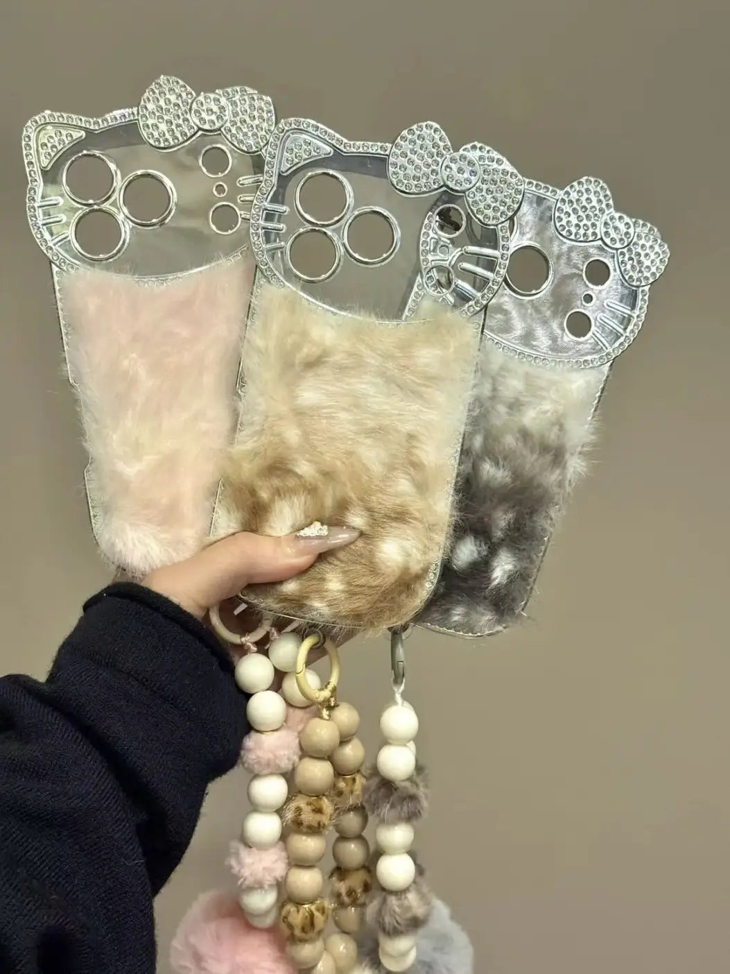 Cute Kitty Diamond Bow Leopard Velvet Back Cover iPhone Case With Beads Bracelet