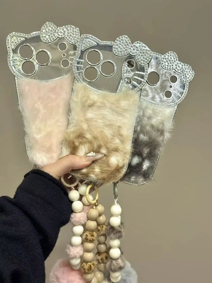 Cute Kitty Diamond Bow Leopard Velvet Back Cover iPhone Case With Beads Bracelet