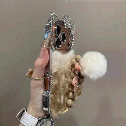 Cute Kitty Diamond Bow Leopard Velvet Back Cover iPhone Case With Beads Bracelet