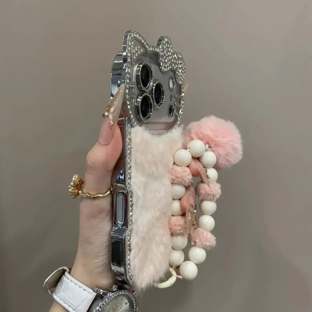 Cute Kitty Diamond Bow Leopard Velvet Back Cover iPhone Case With Beads Bracelet