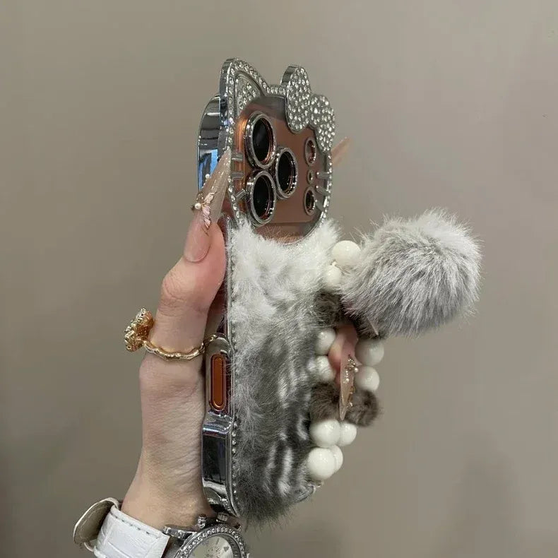 Cute Velvet Leopard Kitty Lanyard Case For iPhone 17 16 15 14 13 12 Pro Max Plus