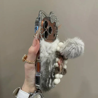 Cute Velvet Leopard Kitty Lanyard Case For iPhone 17 16 15 14 13 12 Pro Max Plus