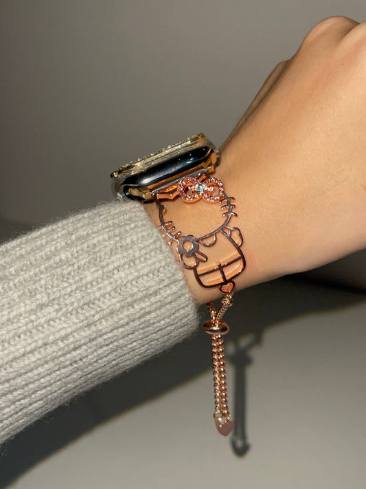 Kitty Shape Band for Apple Watch, Bling Diamond Jewelry Metal Strap Bands with Crystal Tempered Glass Screen Protector