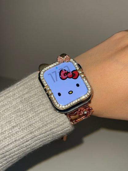 Kitty Shape Band for Apple Watch, Bling Diamond Jewelry Metal Strap Bands with Crystal Tempered Glass Screen Protector