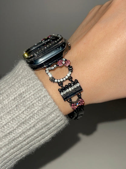 Bling Diamond Jewelry Metal Watch Strap Kitty Shape Bands with Crystal Tempered Glass Screen Protector Case for Apple Watches