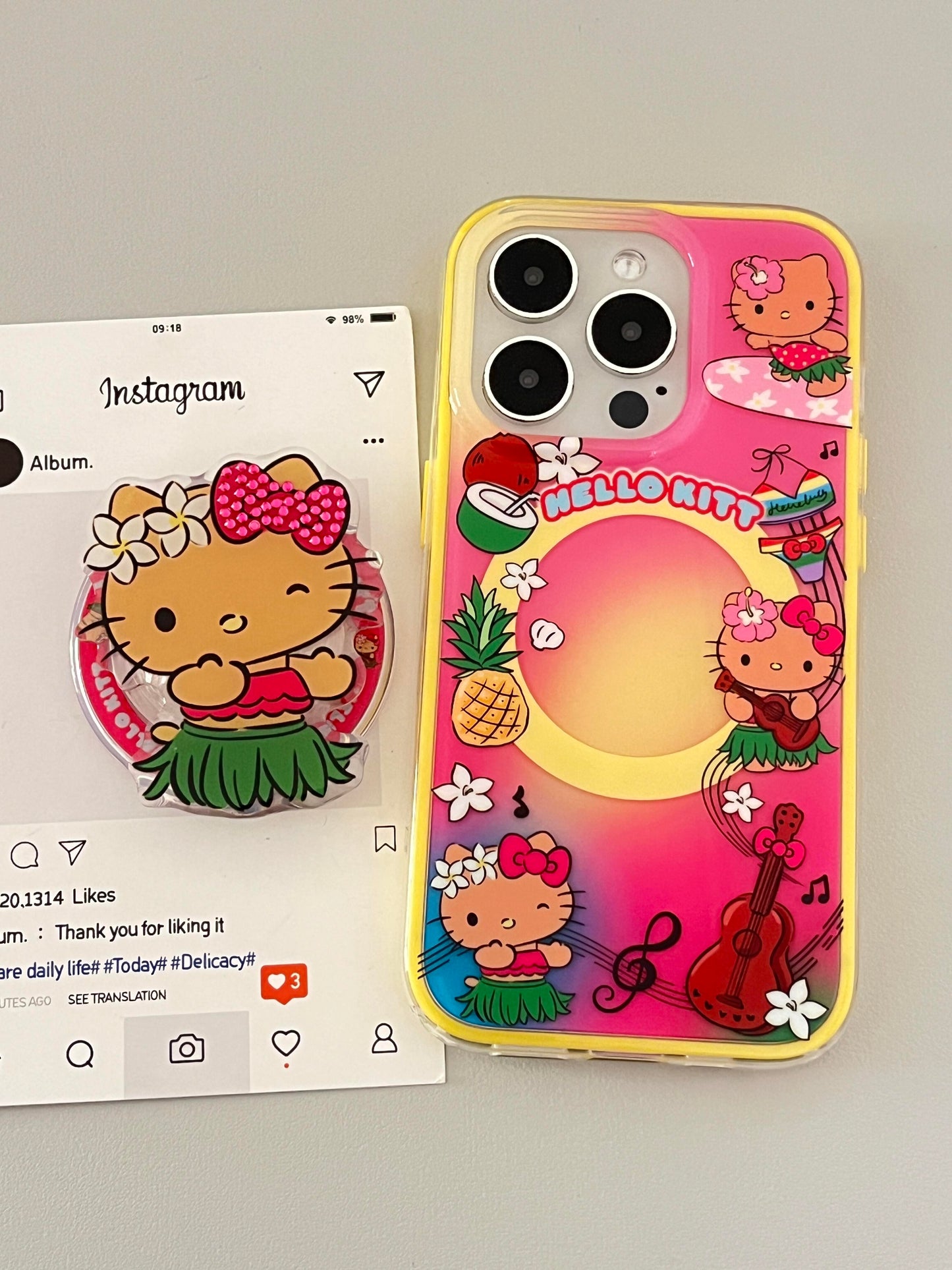 Étui MagSafe Hawaii Tan Kitty Vacation Cute Kawaii + Support MagSafe / Poignée pour téléphone