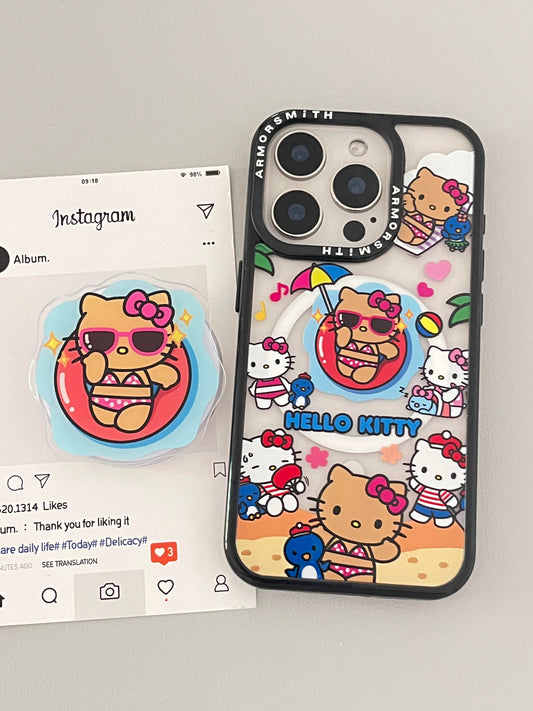 Tan Kitty Vacation Cute Kawaii MagSafe Case + MagSafe Stand Holder / Phone Grip